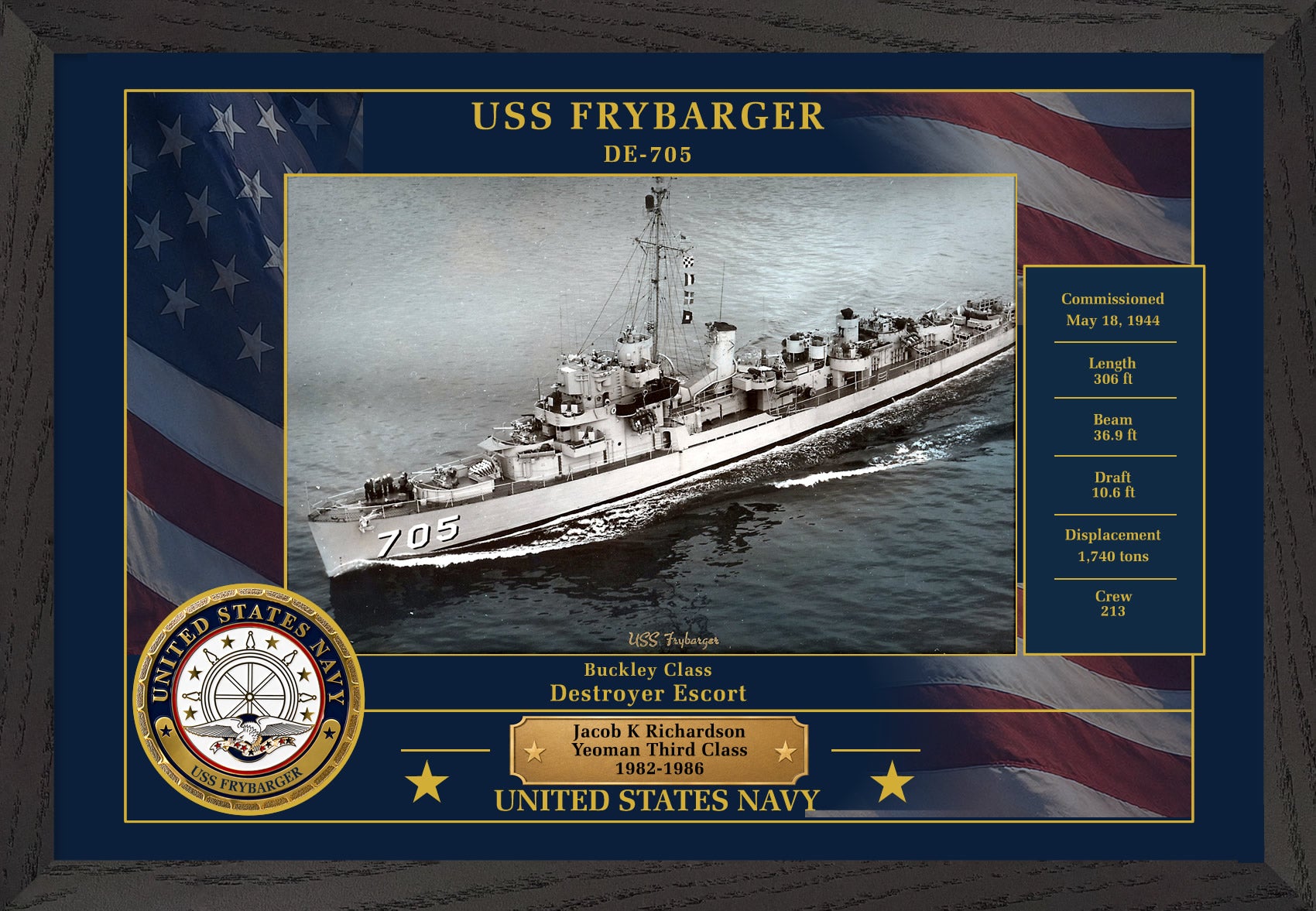 USS Frybarger DE-705 Framed Patriotic Photo
