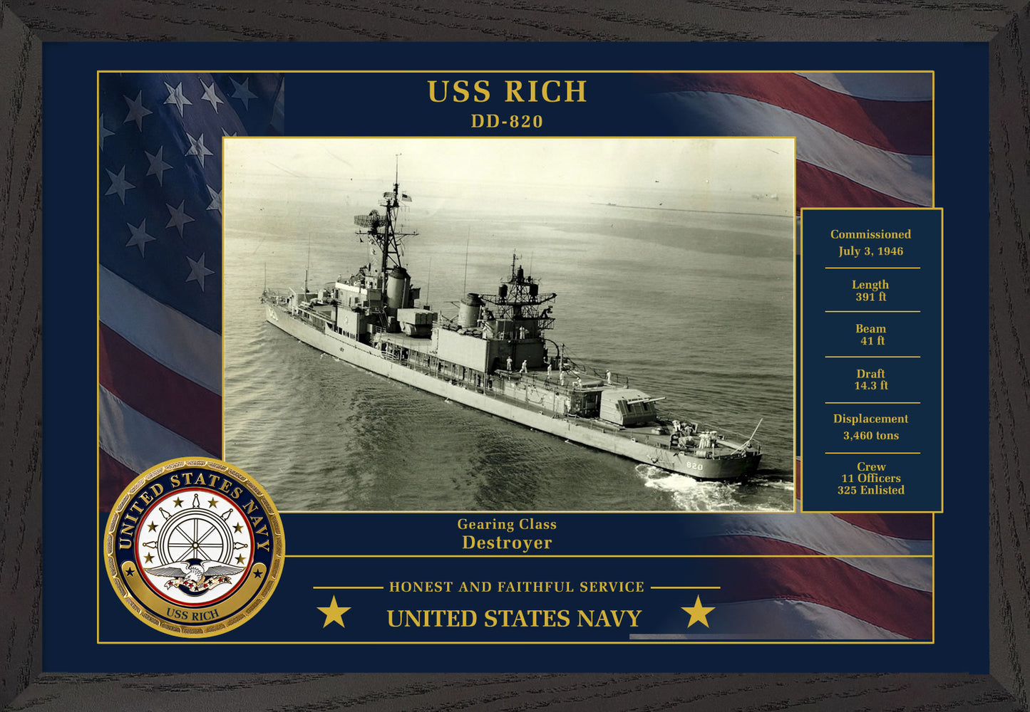 USS Rich DD-820 Framed Patriotic Photo