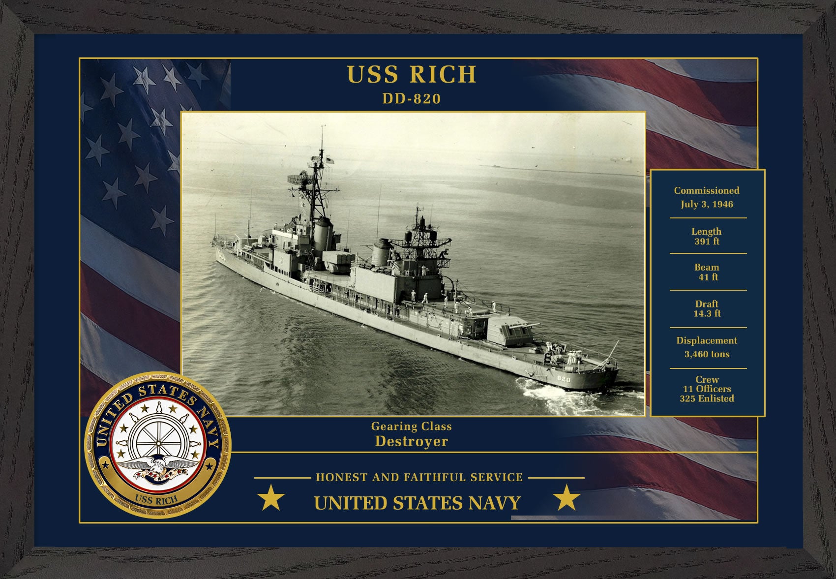USS Rich DD-820 Framed Patriotic Photo