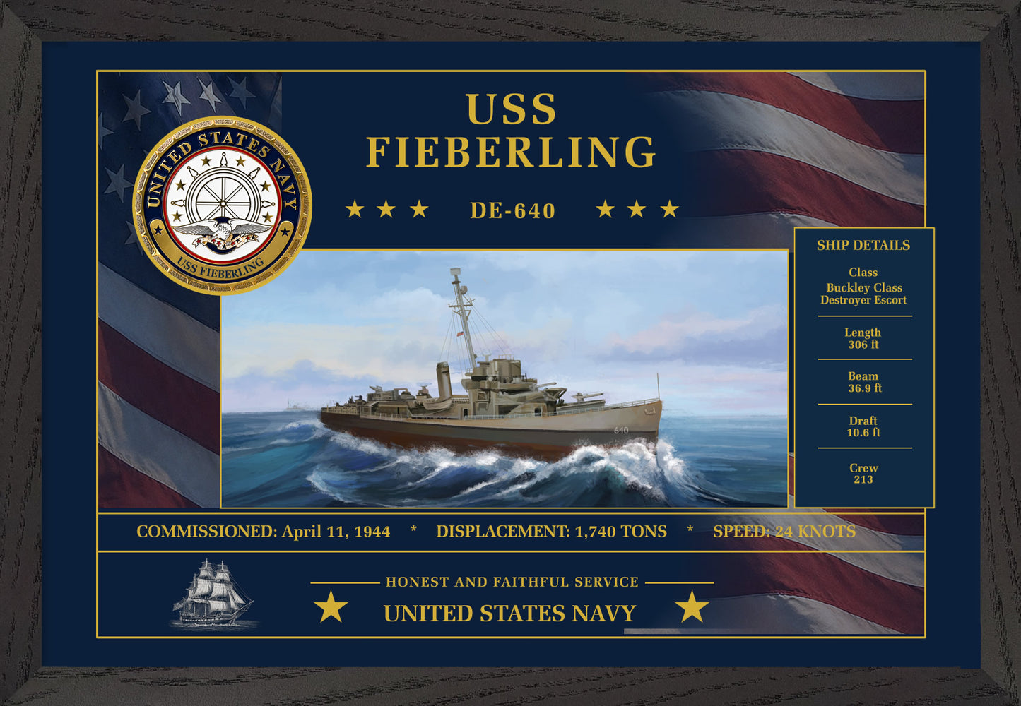 USS Fieberling DE-640 Framed Patriotic Art