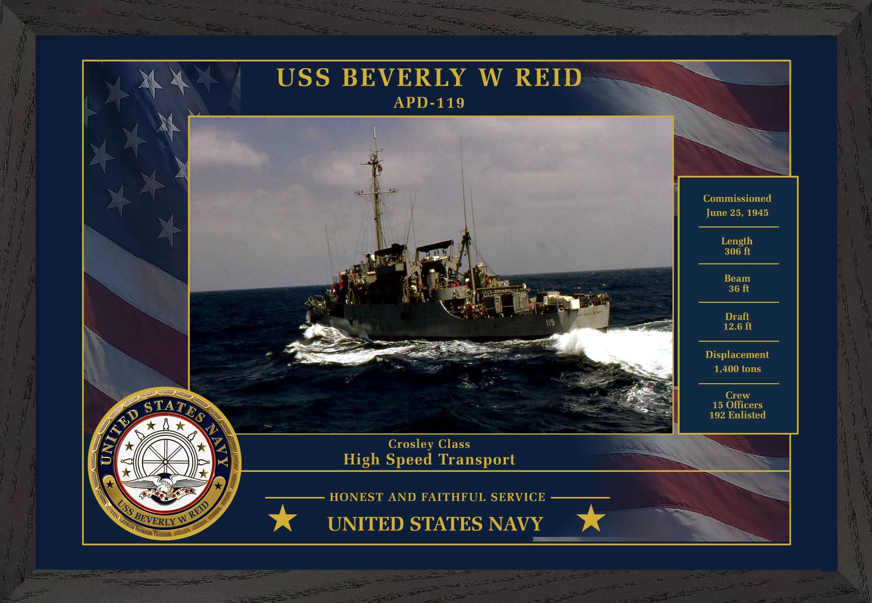 USS Beverly W Reid APD-119 Framed Patriotic Photo