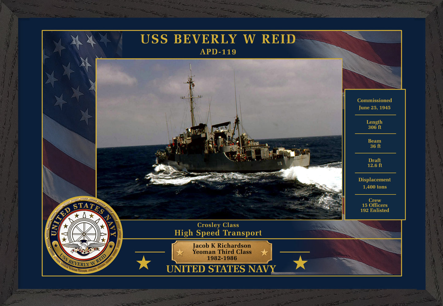 USS Beverly W Reid APD-119 Framed Patriotic Photo
