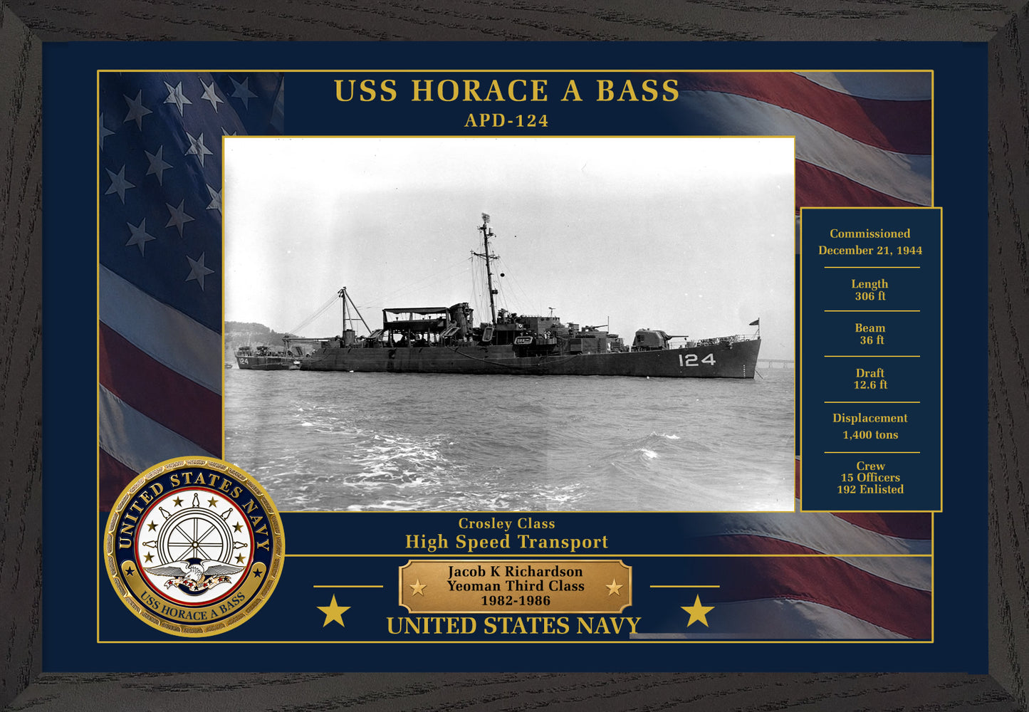 USS Horace A Bass APD-124 Framed Patriotic Photo