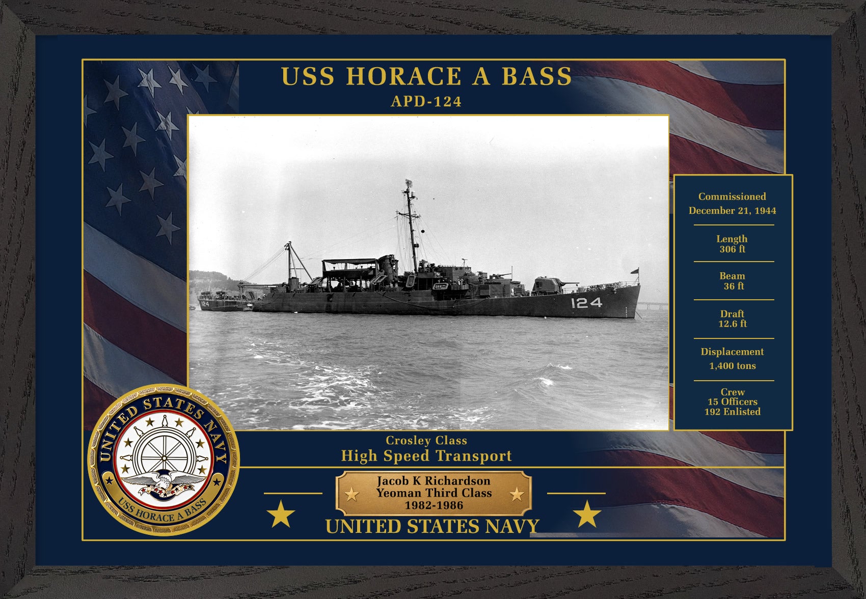 USS Horace A Bass APD-124 Framed Patriotic Photo