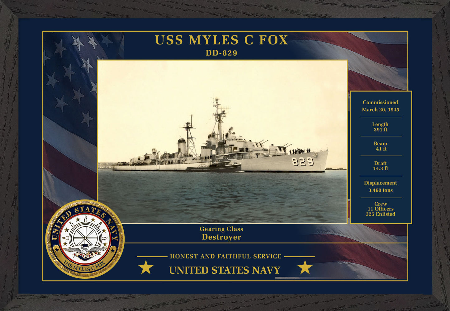 USS Myles C Fox DD-829 Framed Patriotic Photo