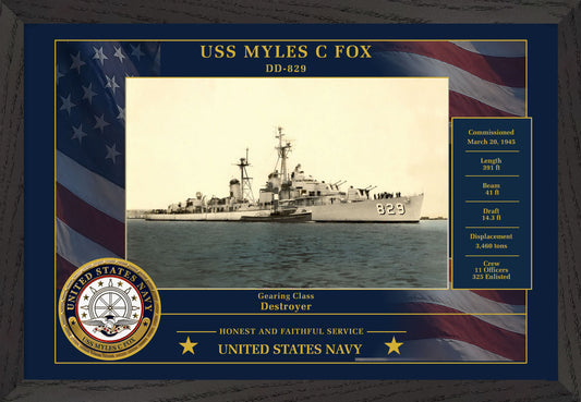 USS Myles C Fox DD-829 Framed Patriotic Photo