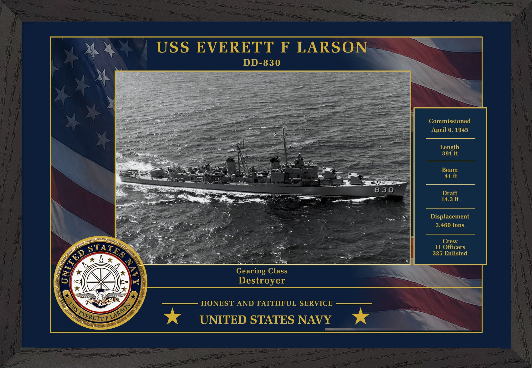 USS Everett F Larson DD-830 Framed Patriotic Photo