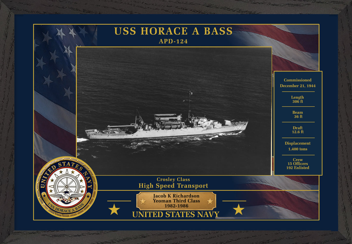 USS Horace A Bass APD-124 Framed Patriotic Photo