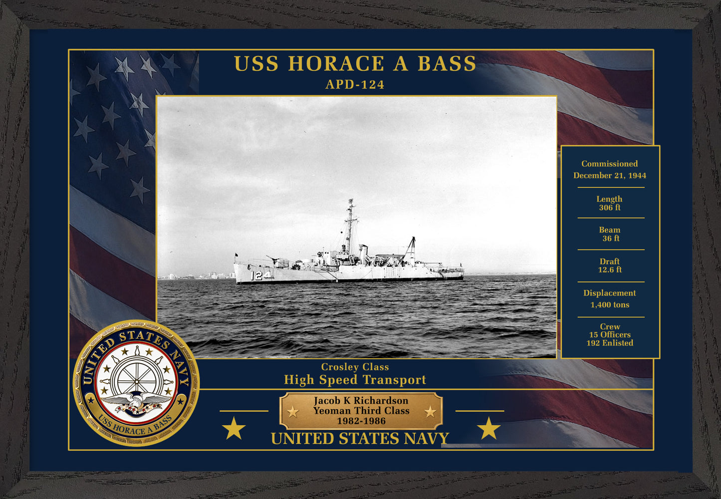 USS Horace A Bass APD-124 Framed Patriotic Photo