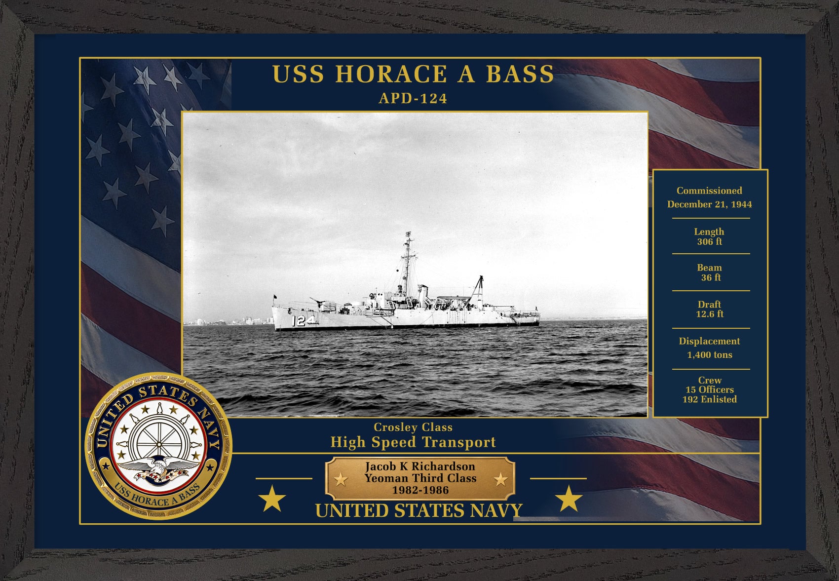 USS Horace A Bass APD-124 Framed Patriotic Photo
