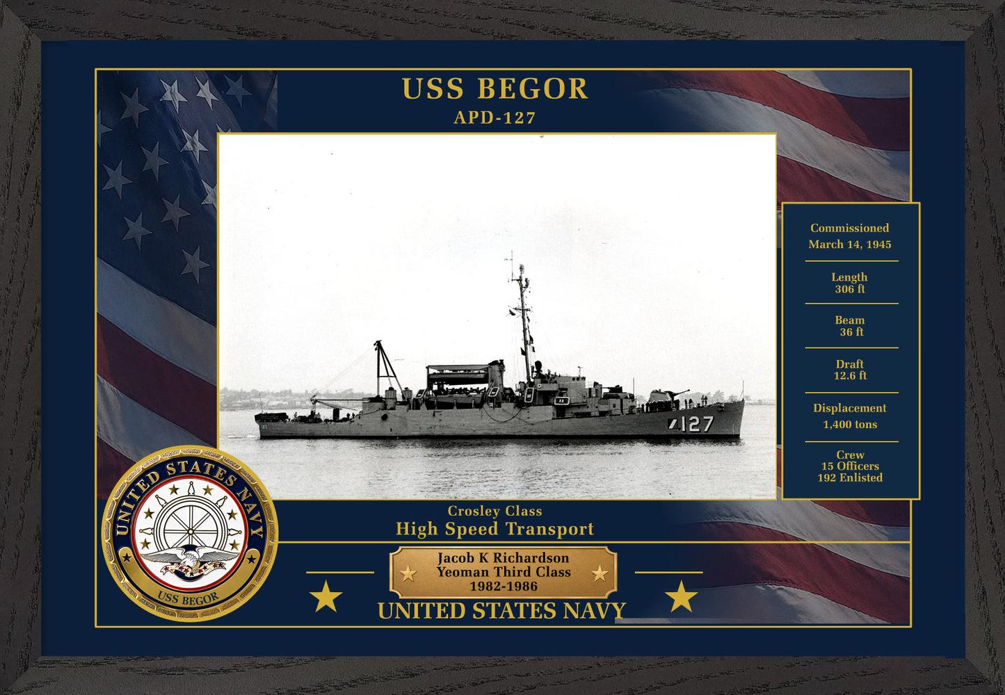 USS Begor APD-127 Framed Patriotic Photo