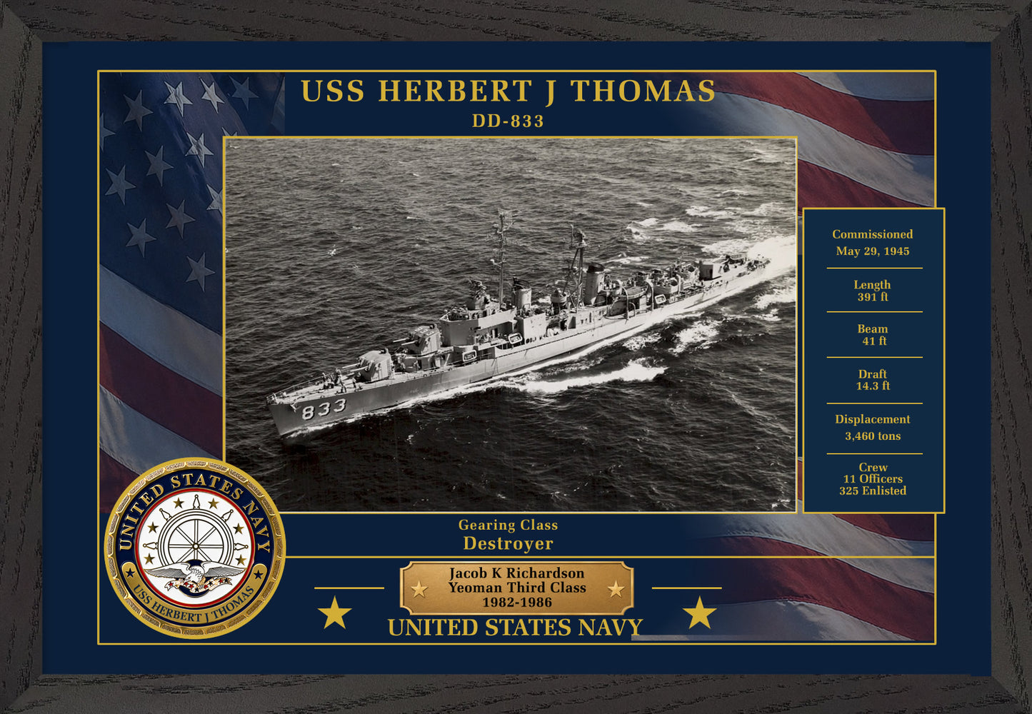 USS Herbert J Thomas DD-833 Framed Patriotic Photo