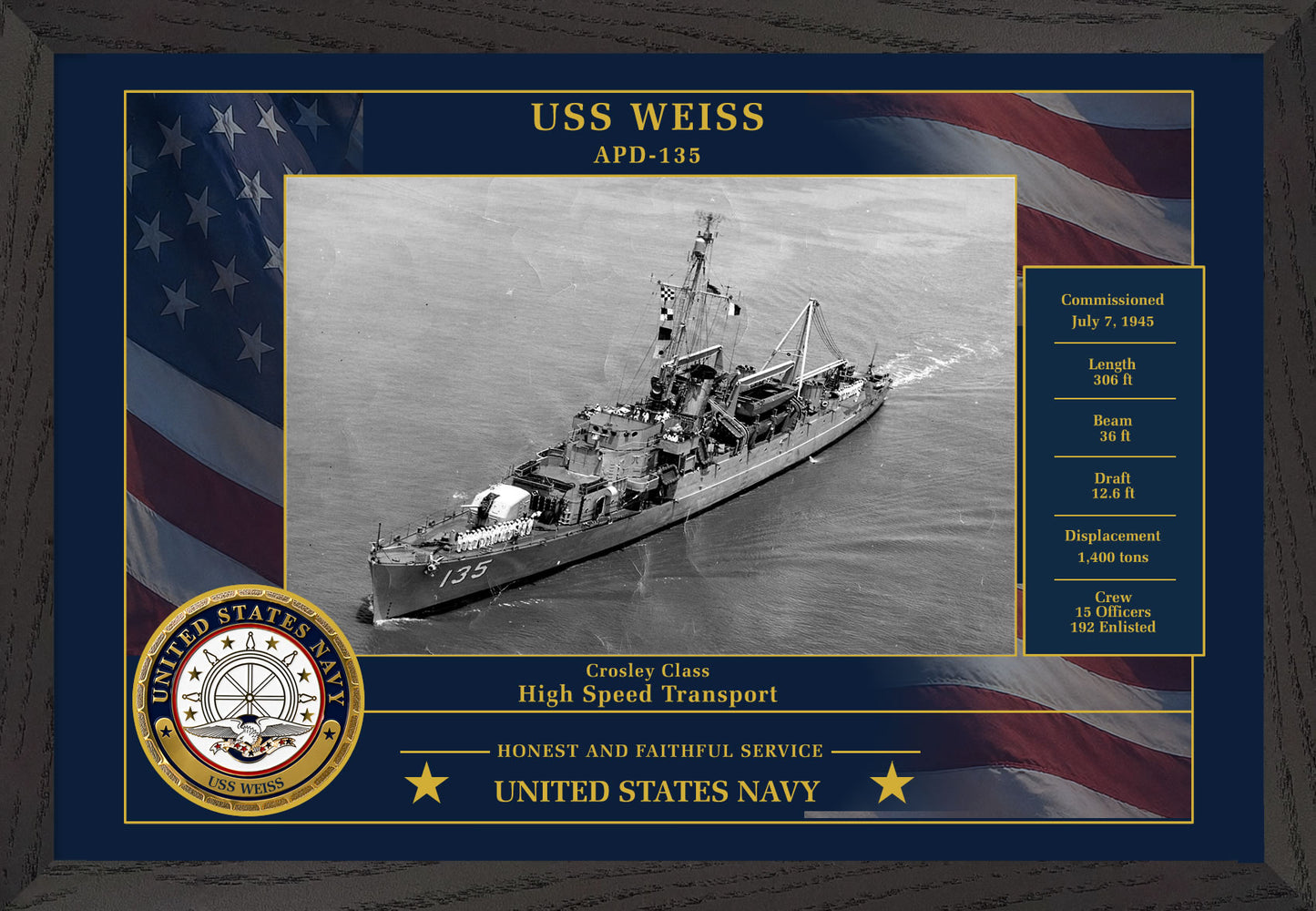 USS Weiss APD-135 Framed Patriotic Photo