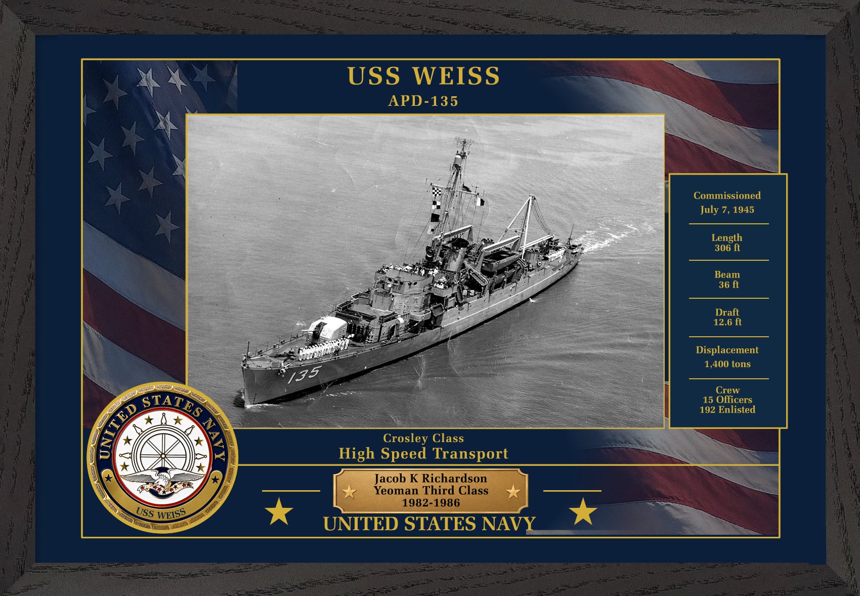 USS Weiss APD-135 Framed Patriotic Photo