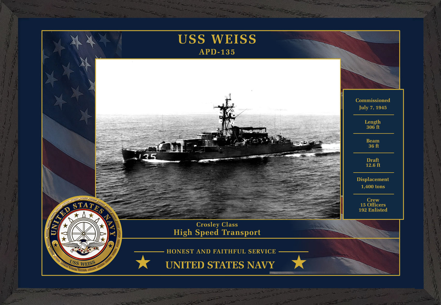 USS Weiss APD-135 Framed Patriotic Photo