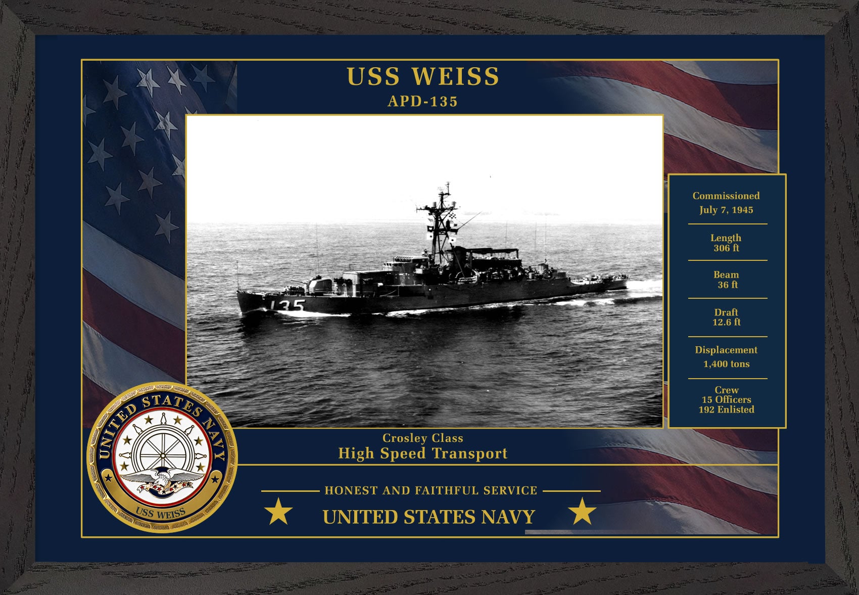 USS Weiss APD-135 Framed Patriotic Photo