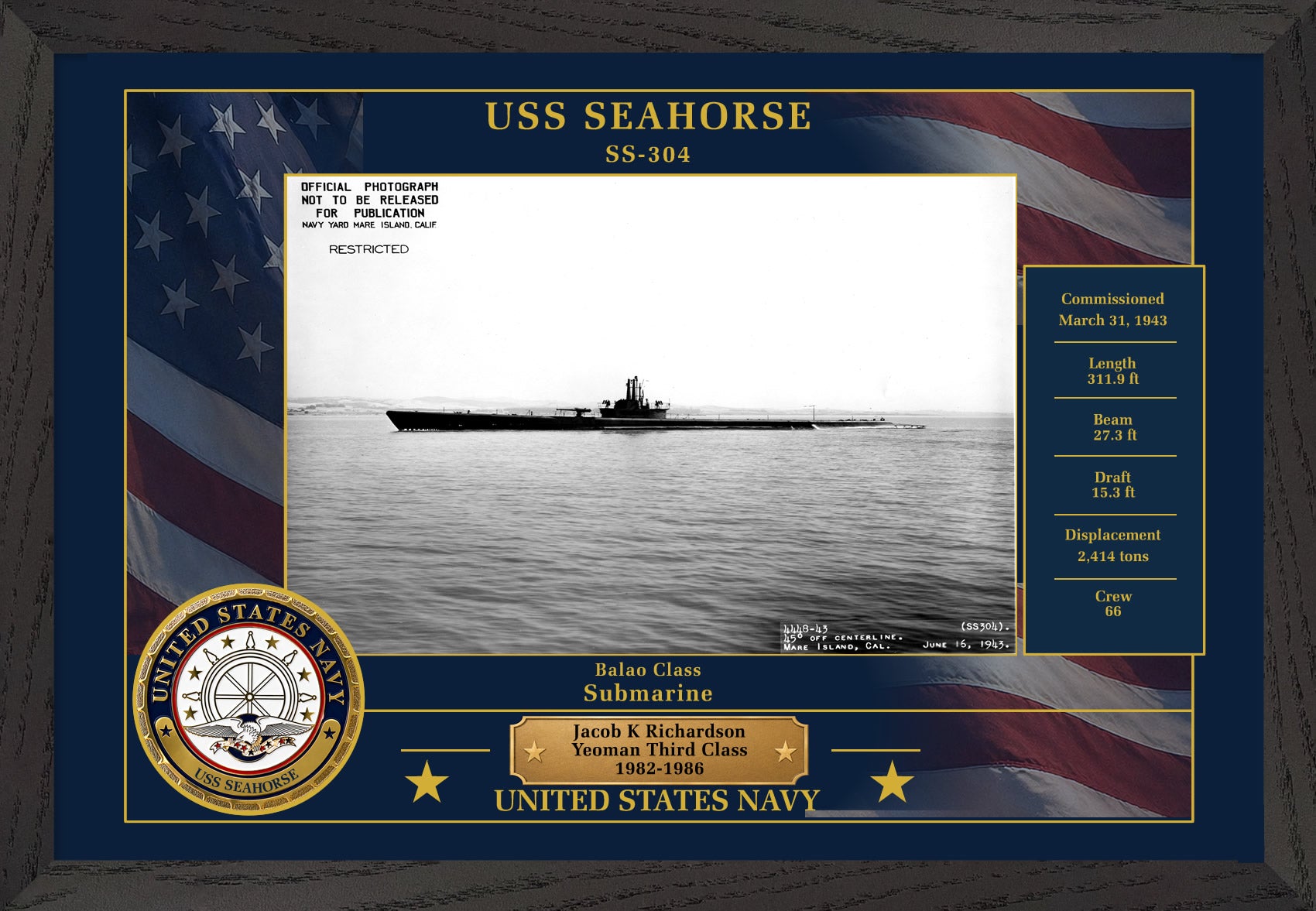 USS Seahorse SS-304 Framed Patriotic Photo