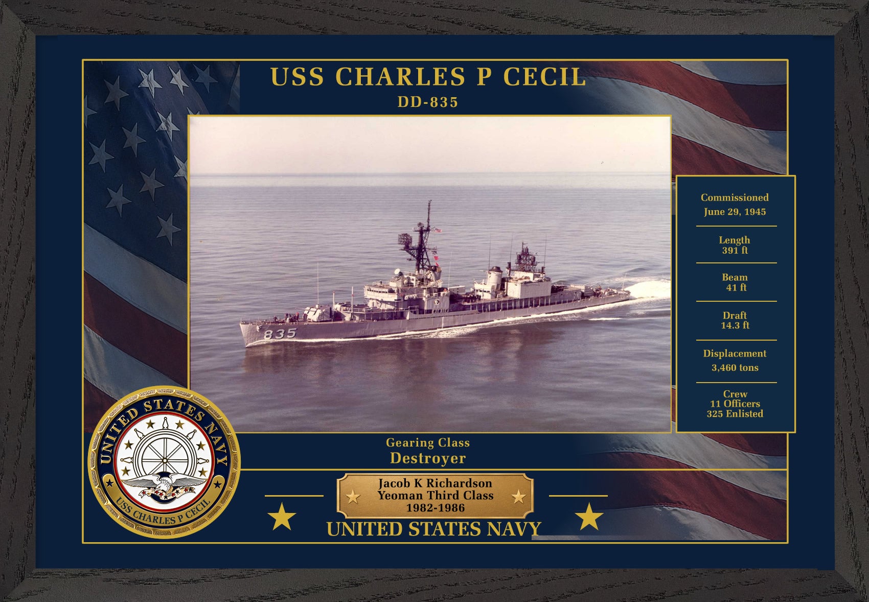 USS Charles P Cecil DD-835 Framed Patriotic Photo