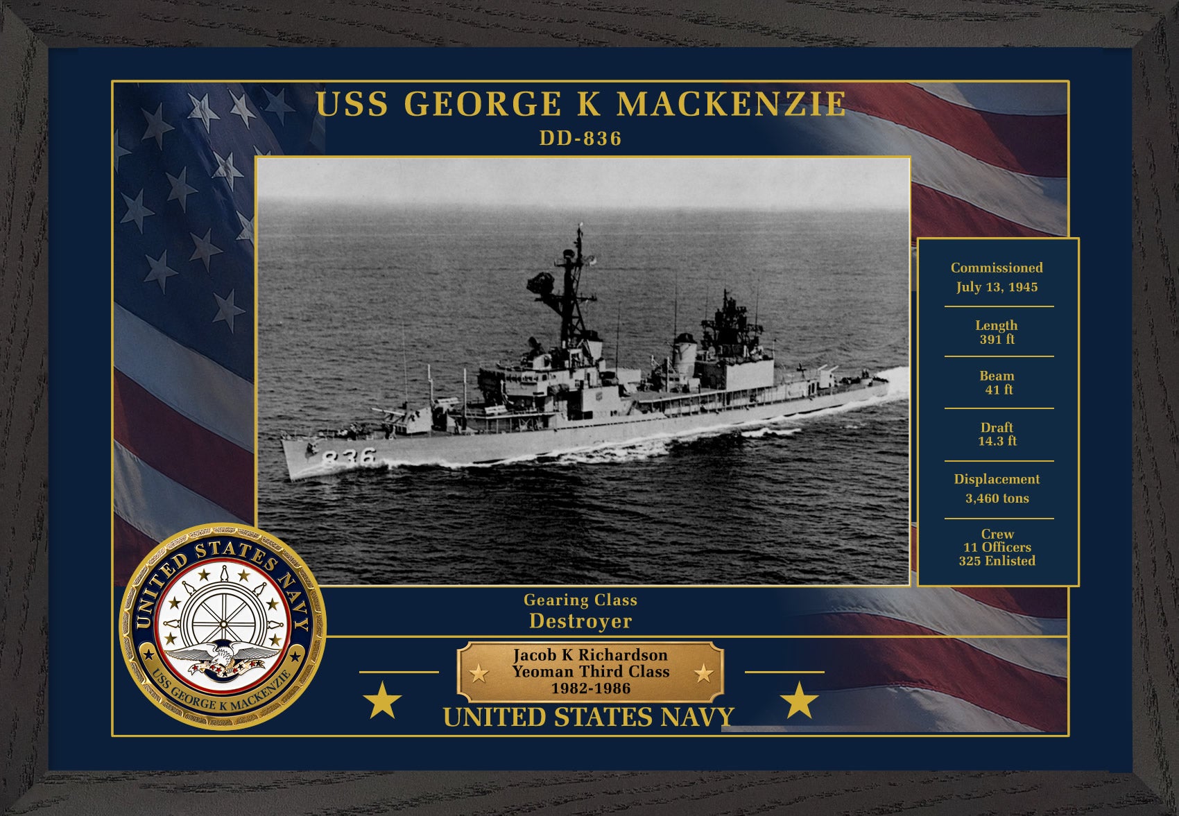 USS George K Mackenzie DD-836 Framed Patriotic Photo