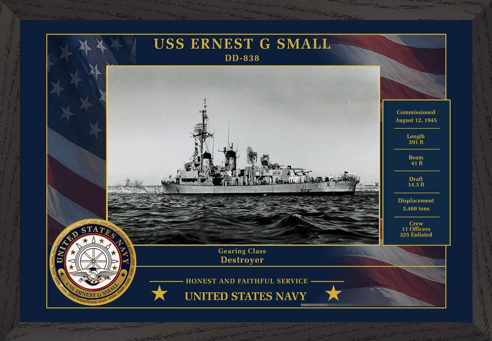 USS Ernest G Small DD-838 Framed Patriotic Photo