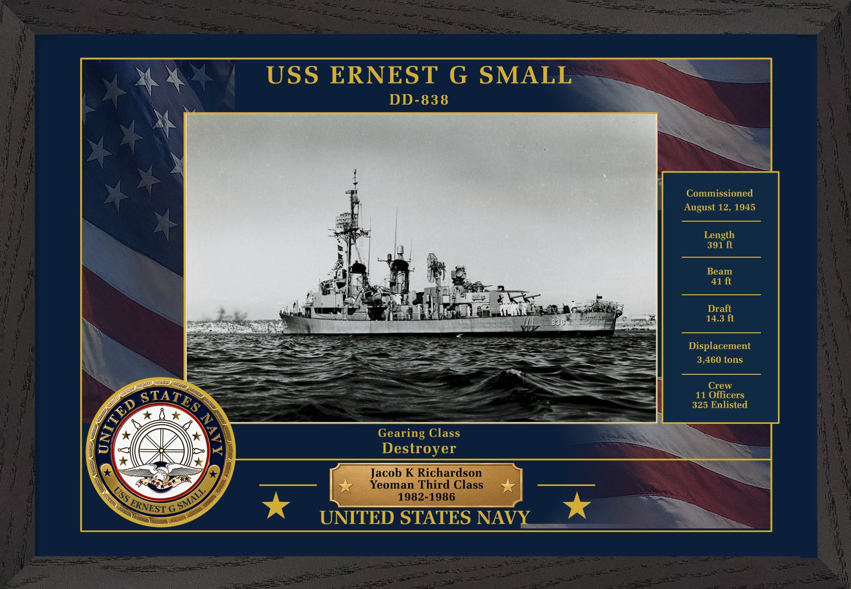 USS Ernest G Small DD-838 Framed Patriotic Photo