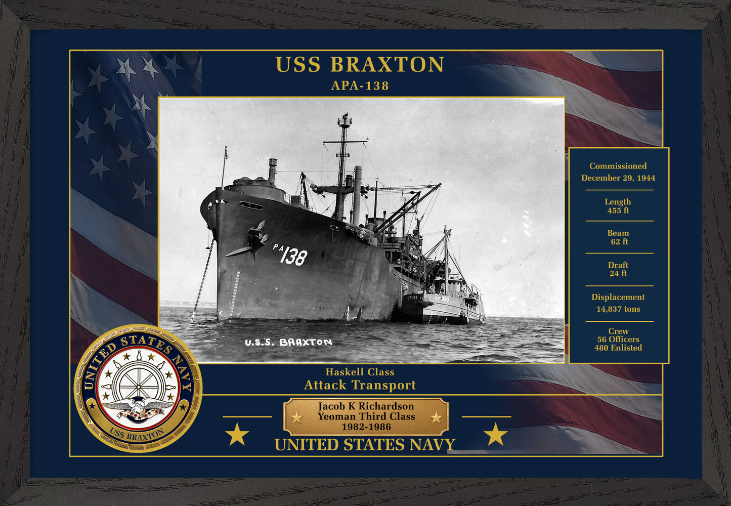 USS Braxton APA-138 Framed Patriotic Photo