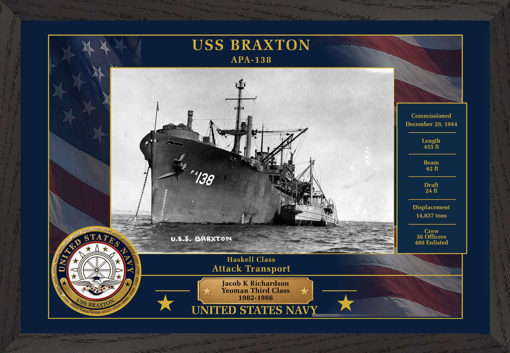USS Braxton APA-138 Framed Patriotic Photo