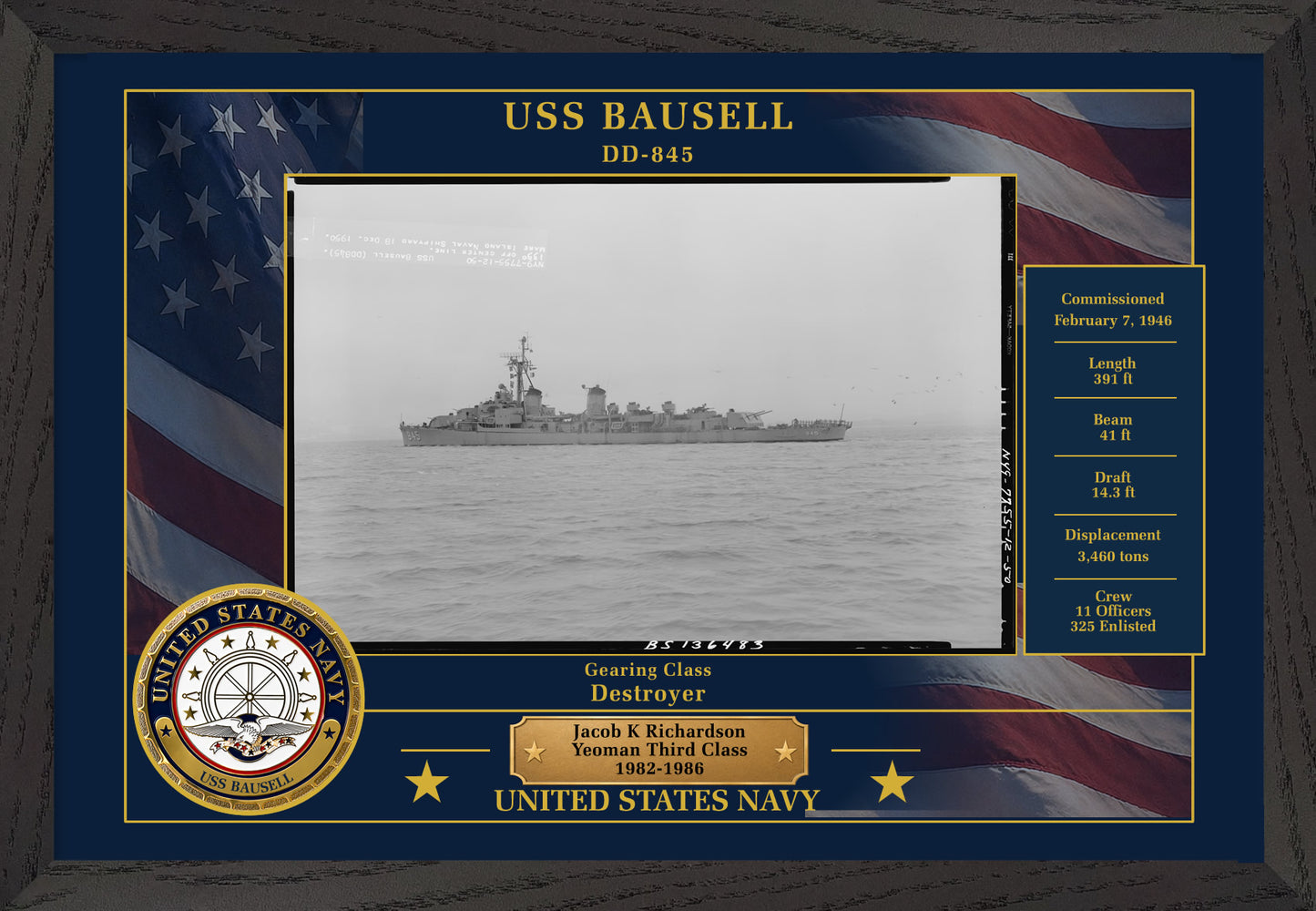 USS Bausell DD-845 Framed Patriotic Photo