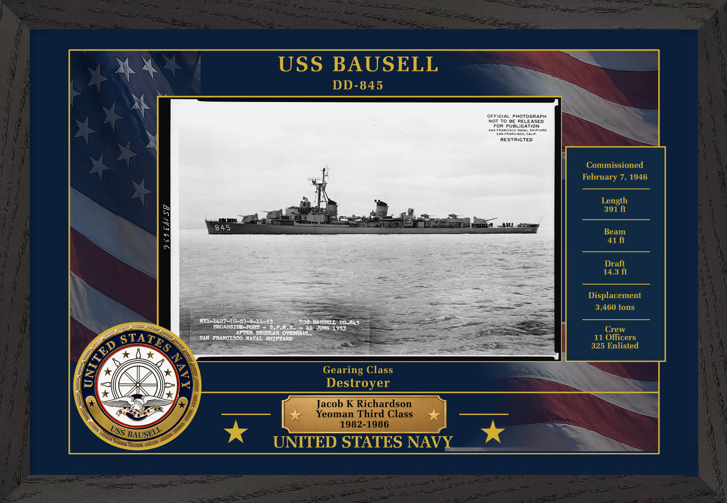 USS Bausell DD-845 Framed Patriotic Photo