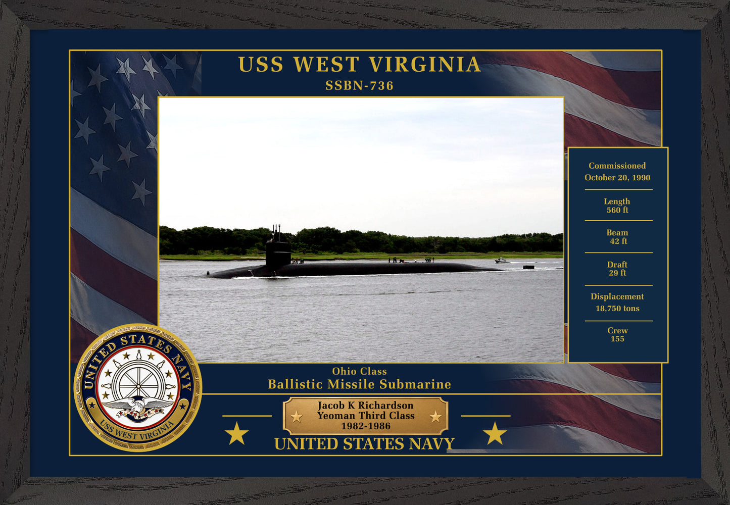 USS West Virginia SSBN-736 Framed Patriotic Photo