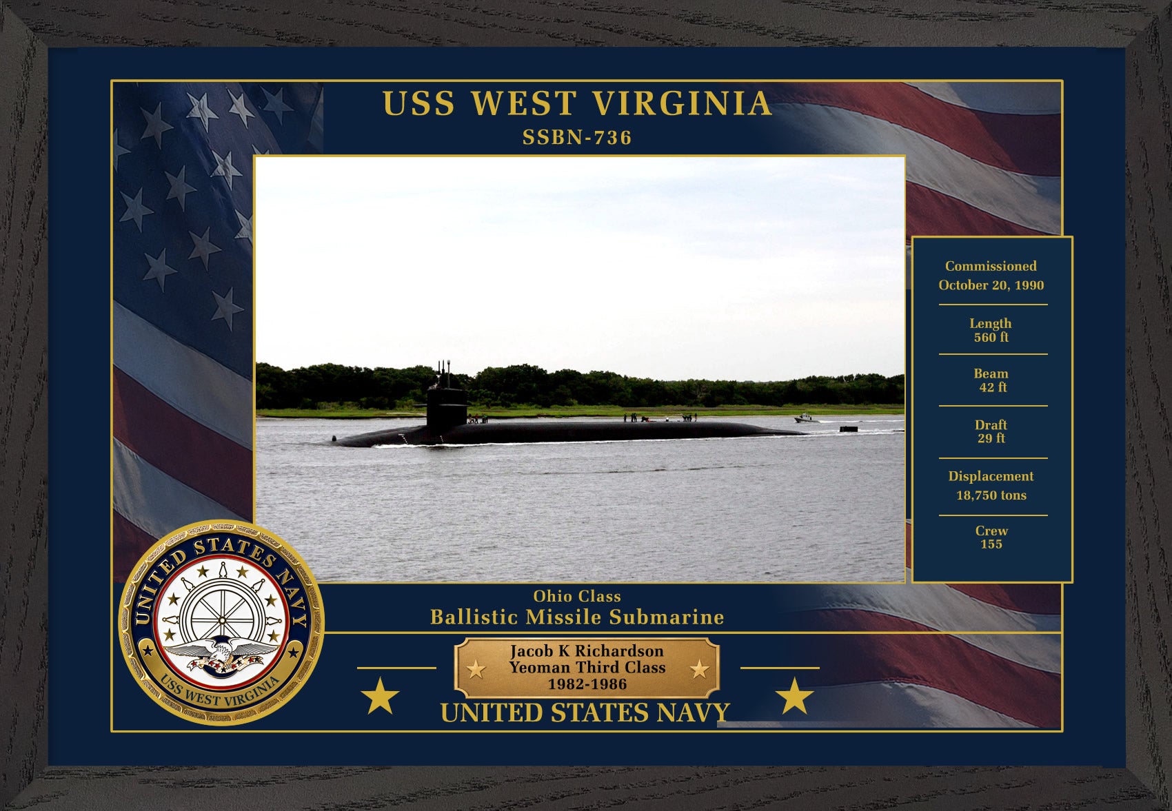 USS West Virginia SSBN-736 Framed Patriotic Photo