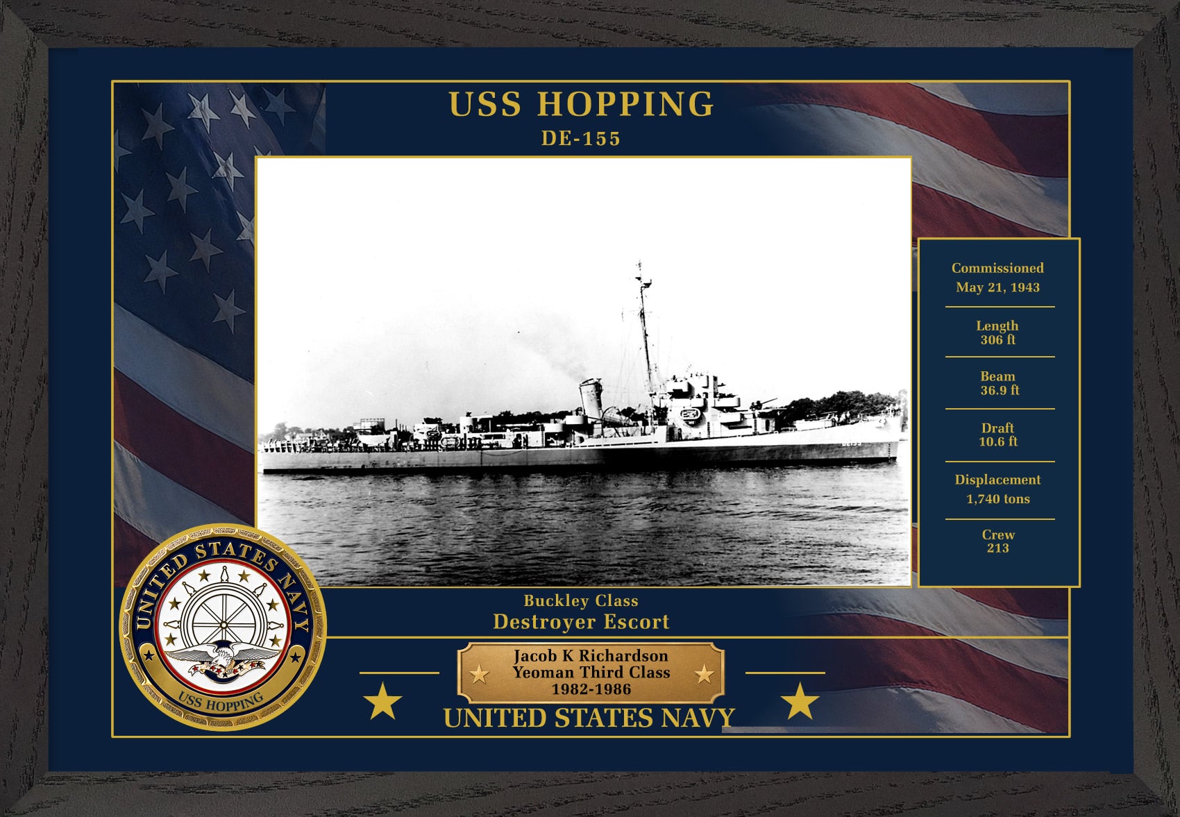 USS Hopping DE-155 Framed Patriotic Photo