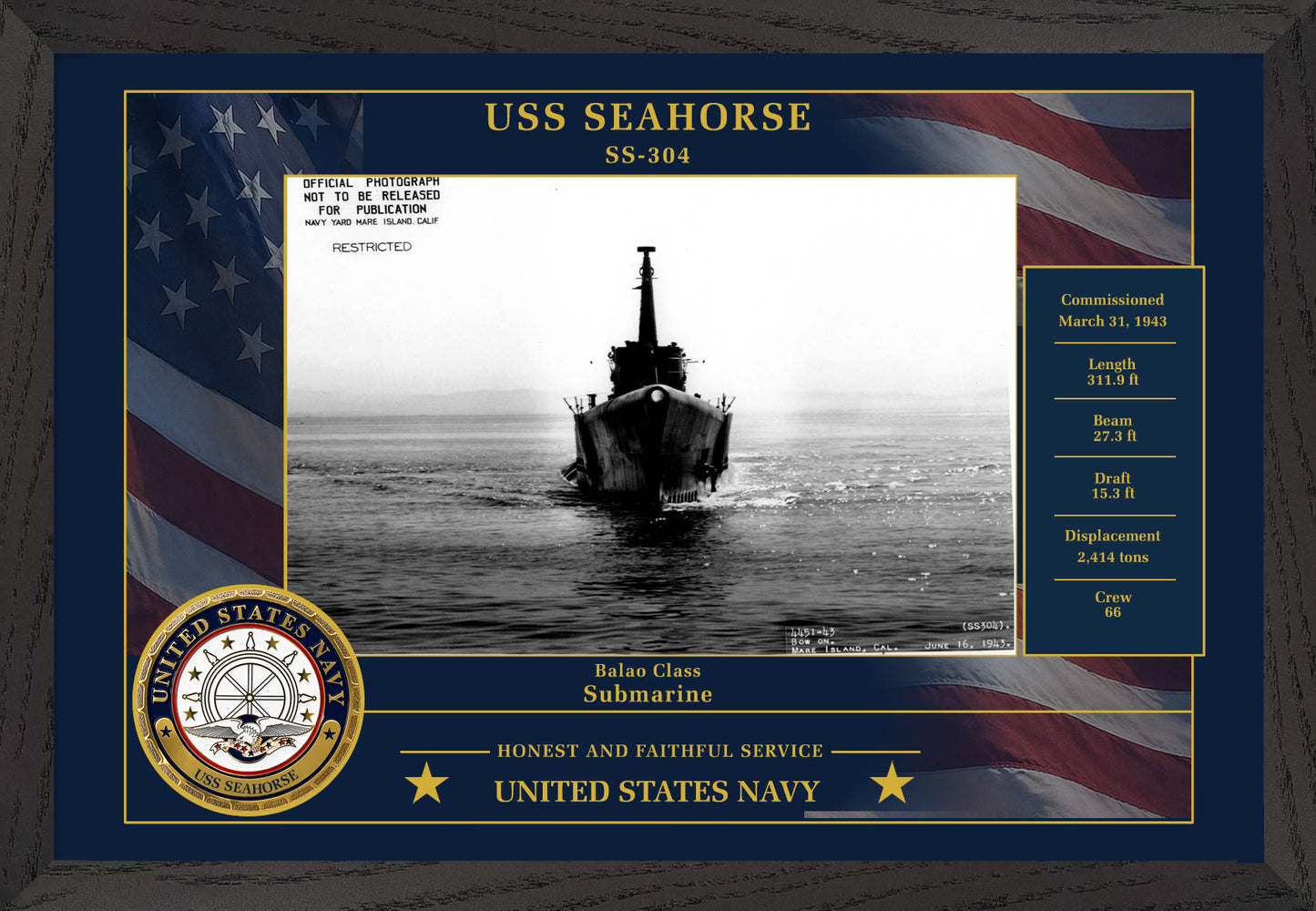 USS Seahorse SS-304 Framed Patriotic Photo