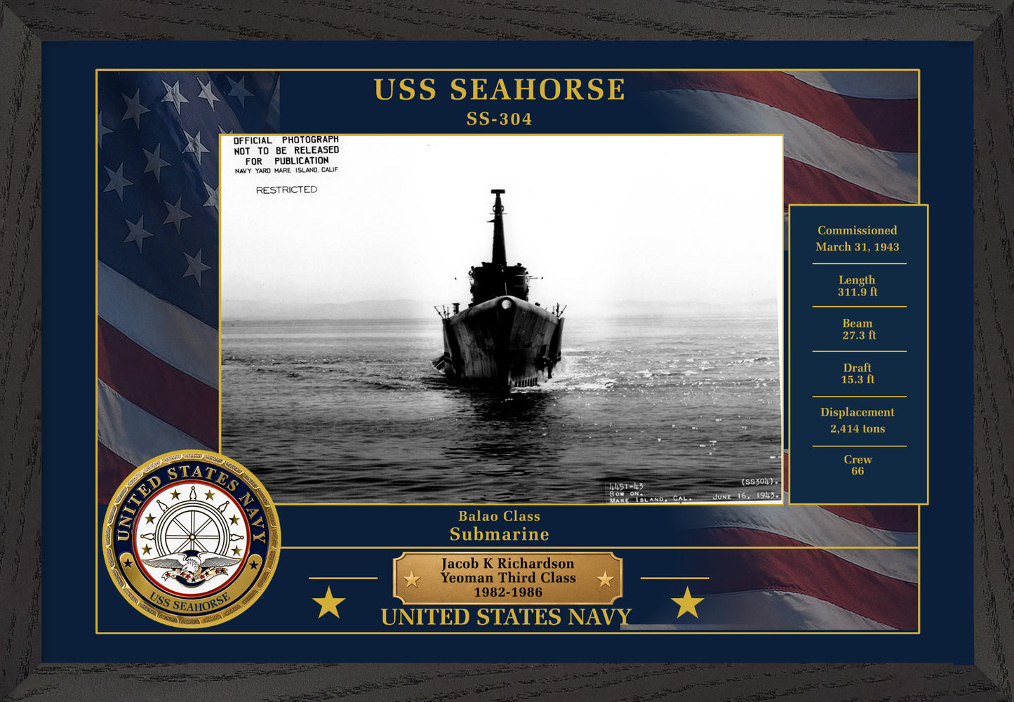 USS Seahorse SS-304 Framed Patriotic Photo