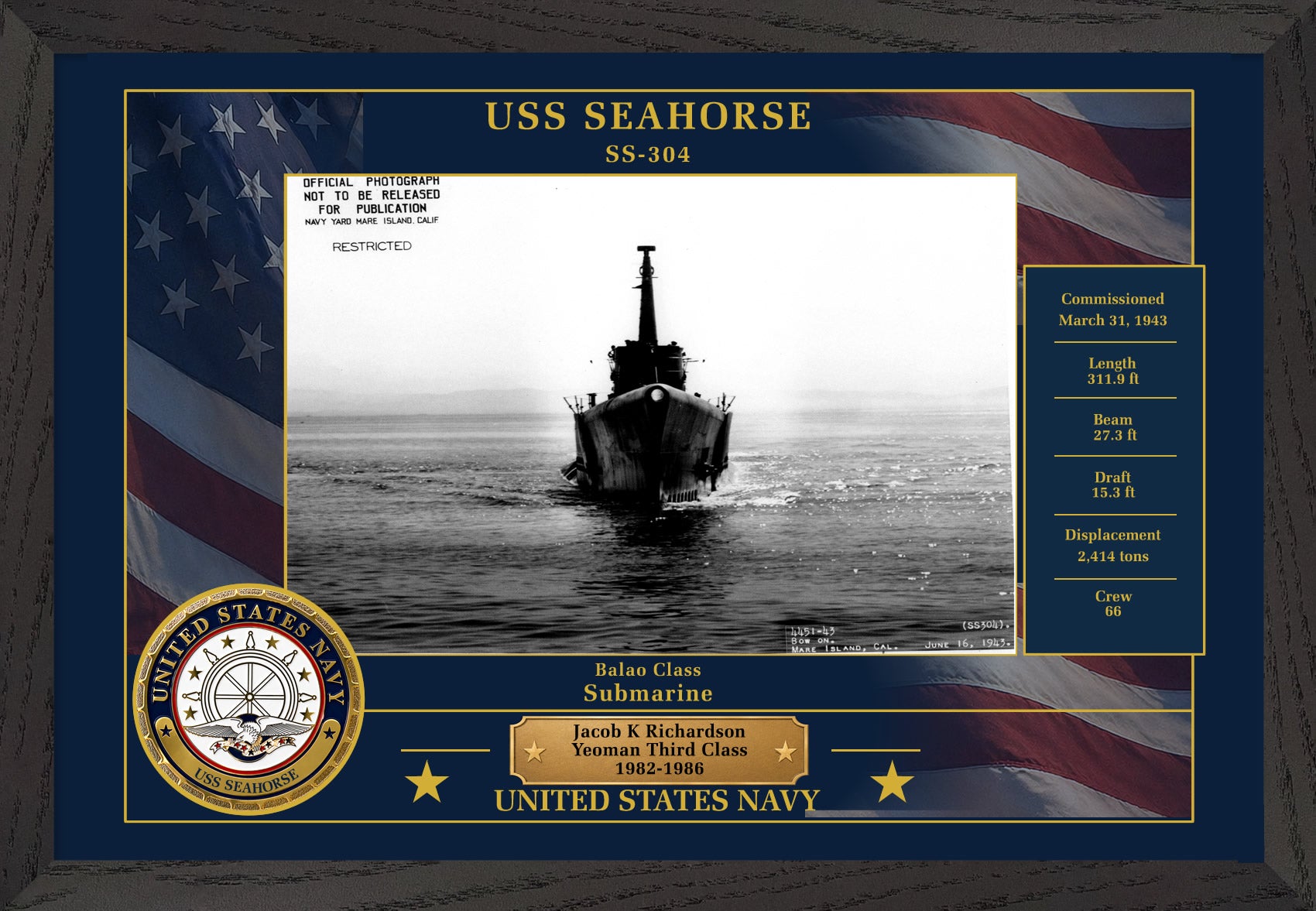 USS Seahorse SS-304 Framed Patriotic Photo