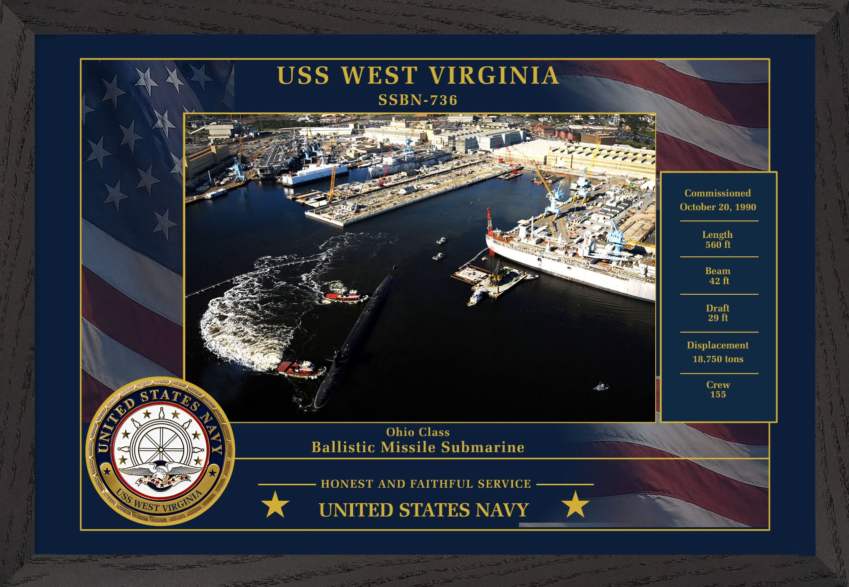 USS West Virginia SSBN-736 Framed Patriotic Photo
