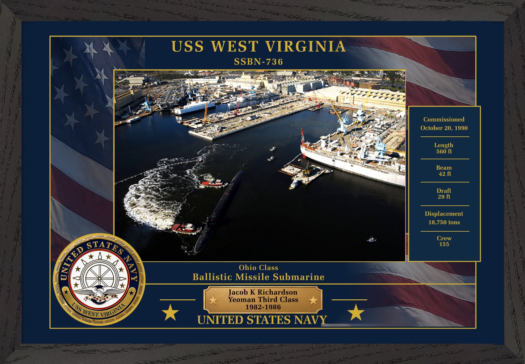 USS West Virginia SSBN-736 Framed Patriotic Photo