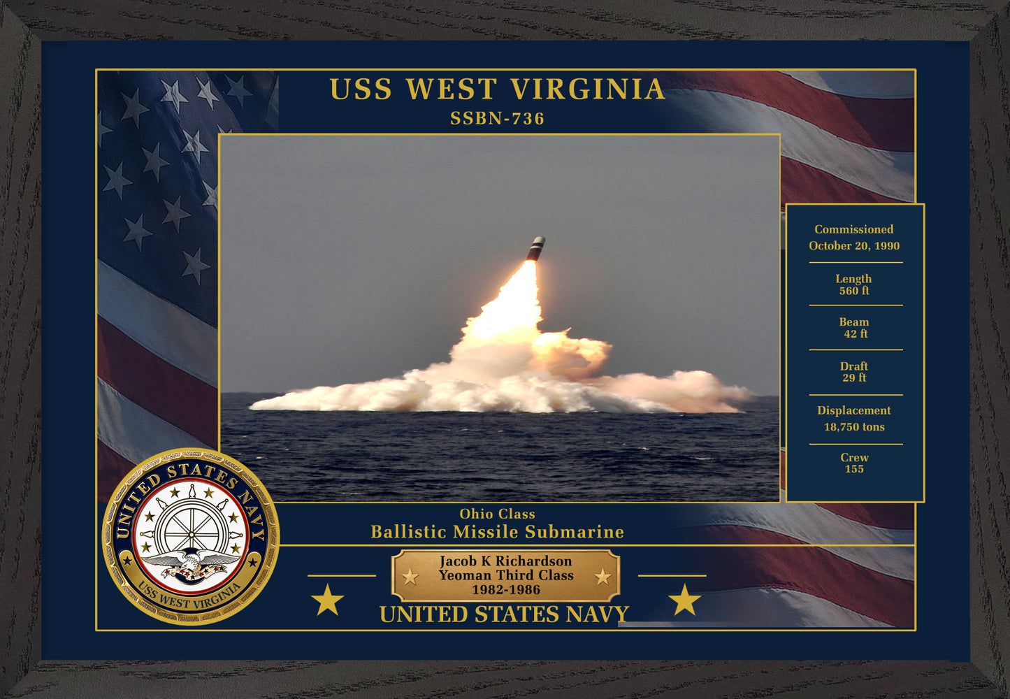 USS West Virginia SSBN-736 Framed Patriotic Photo