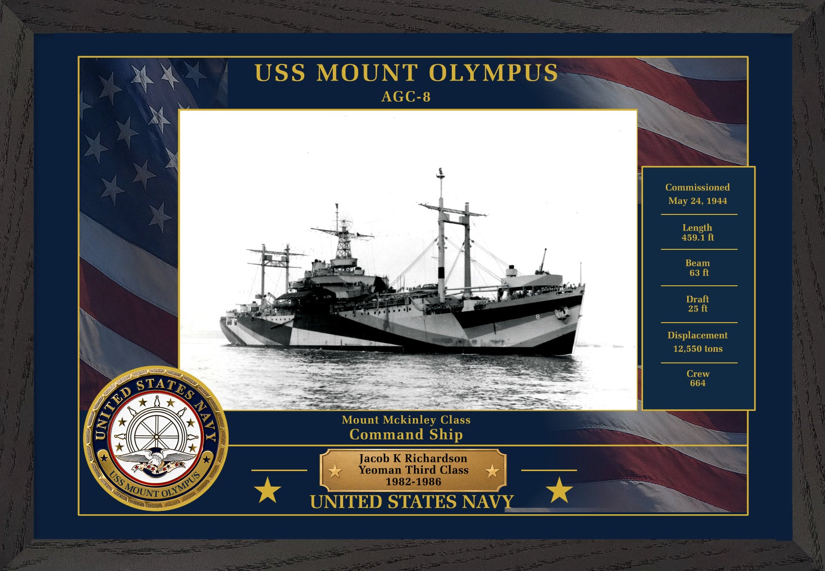 USS Mount Olympus AGC-8 Framed Patriotic Photo