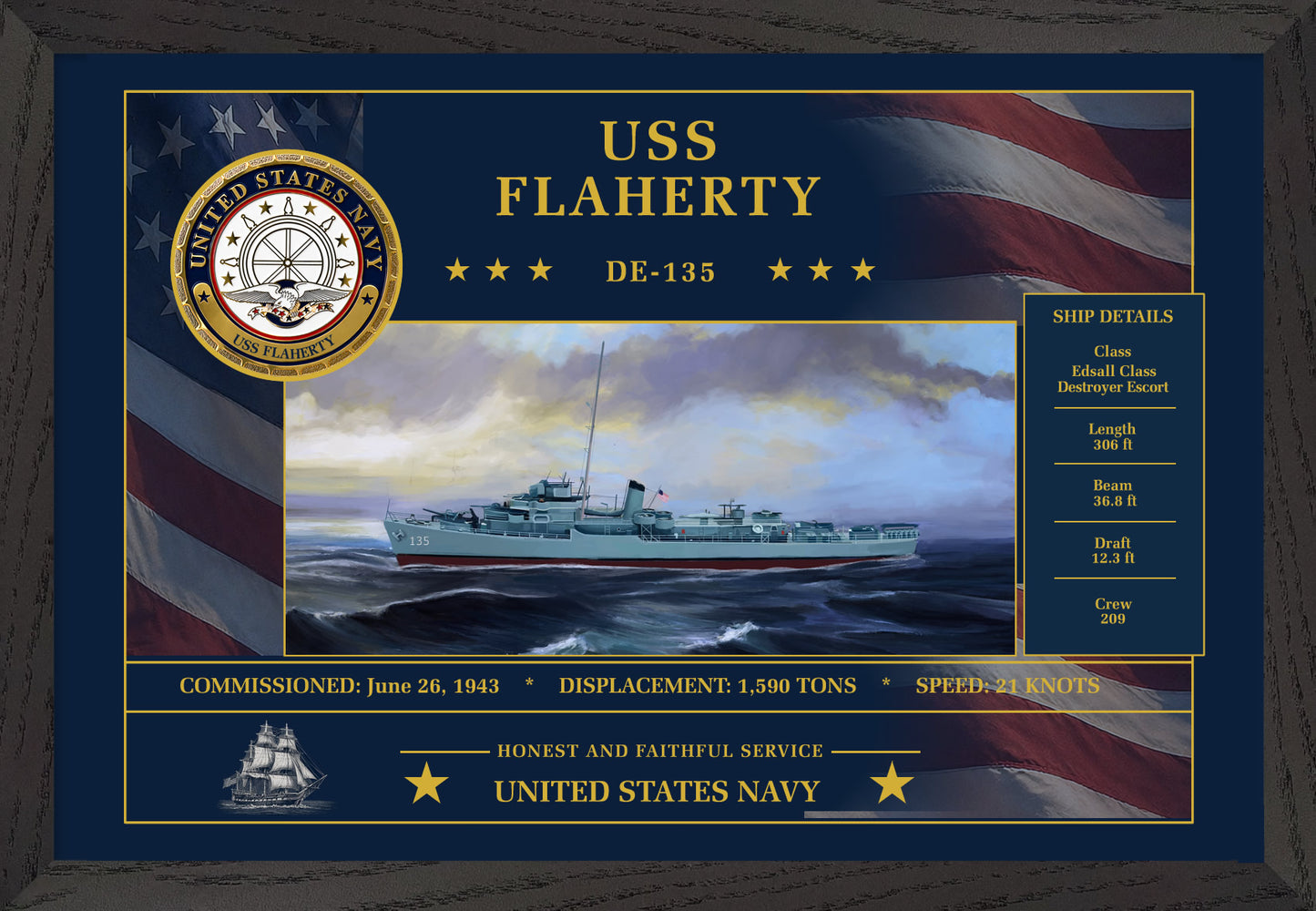 USS Flaherty DE-135 Framed Patriotic Art