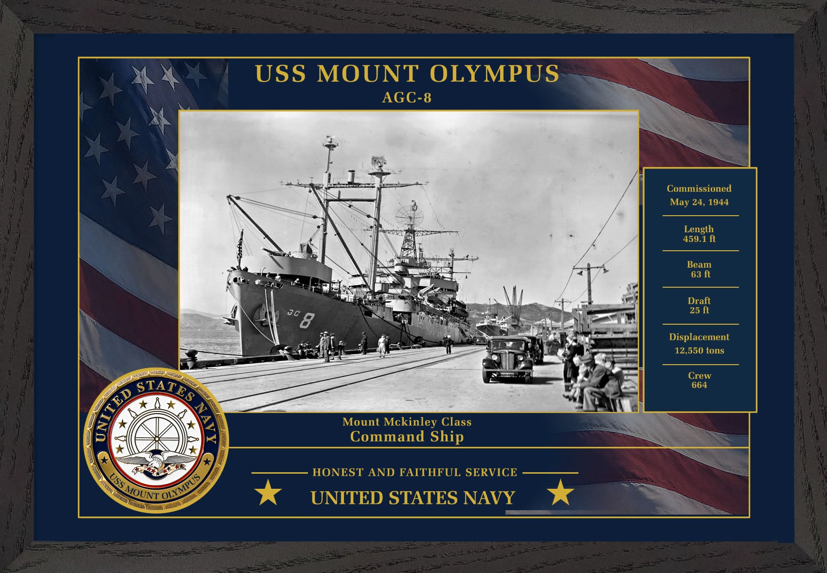 USS Mount Olympus AGC-8 Framed Patriotic Photo