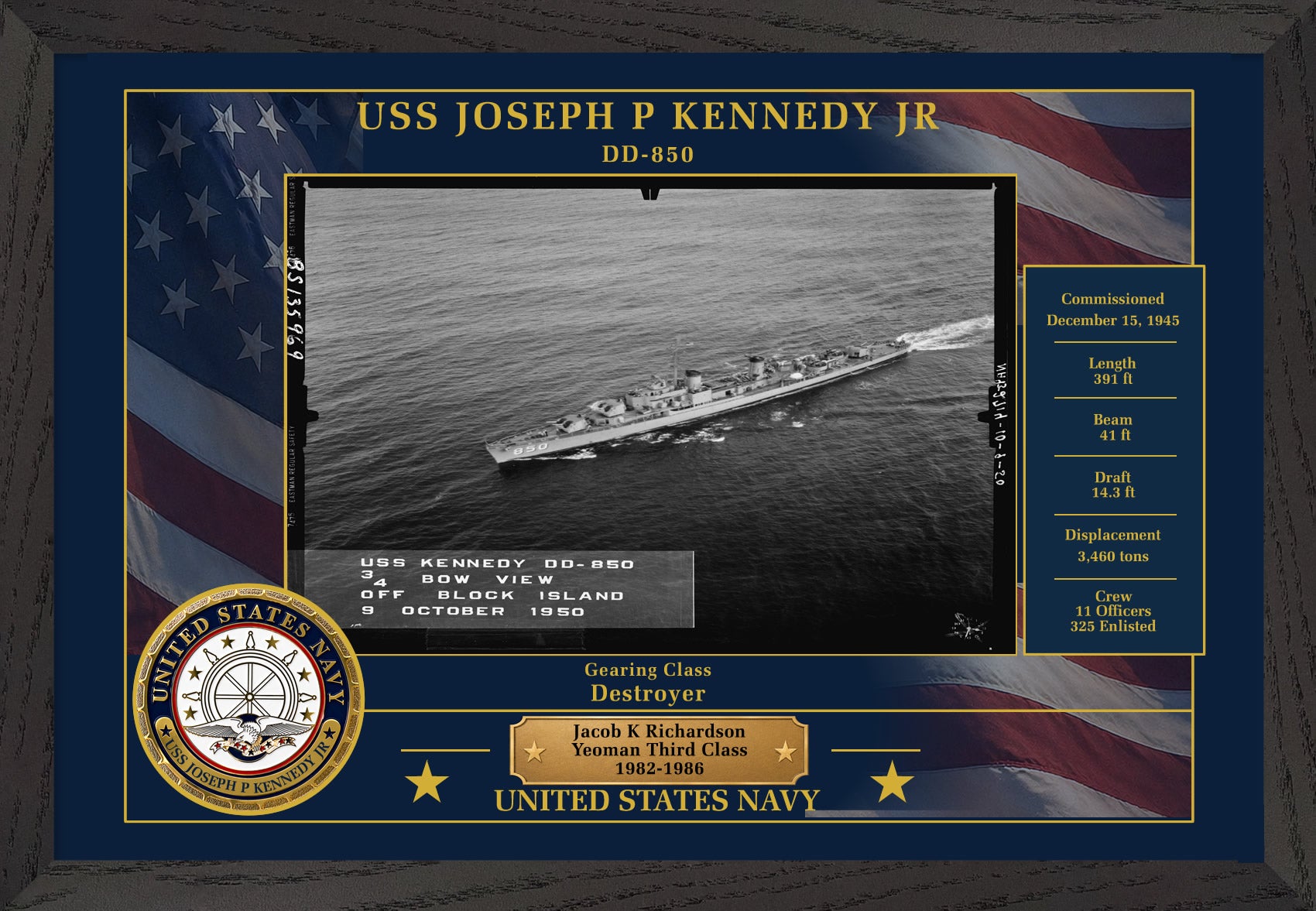 USS Joseph P Kennedy Jr DD-850 Framed Patriotic Photo