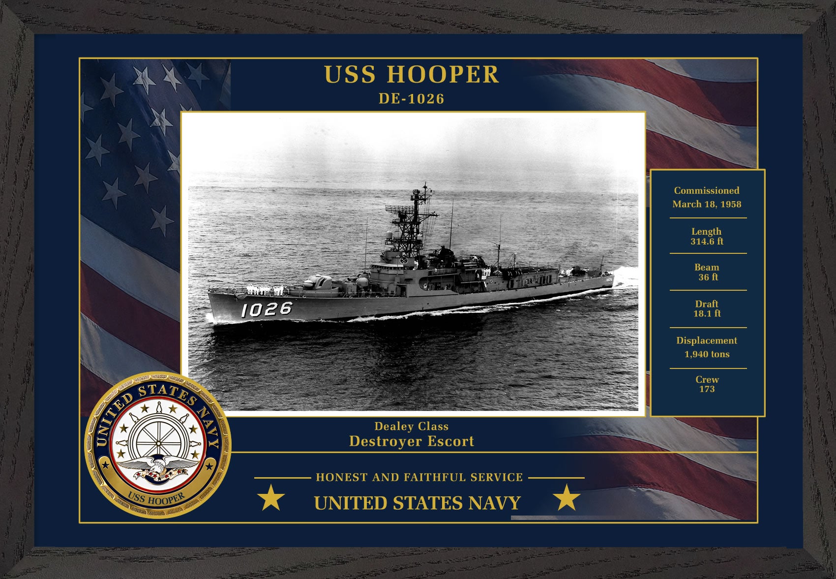 USS Hooper DE-1026 Framed Patriotic Photo
