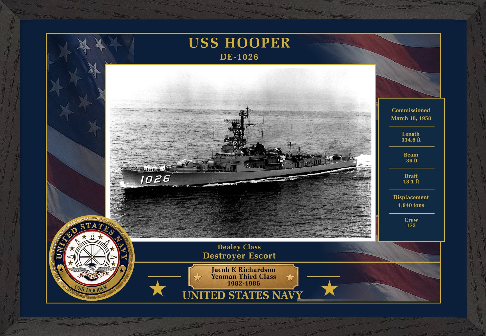 USS Hooper DE-1026 Framed Patriotic Photo
