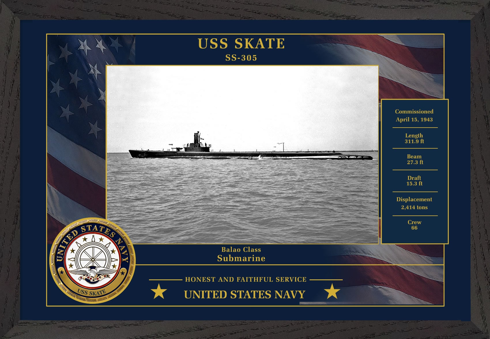 USS Skate SS-305 Framed Patriotic Photo