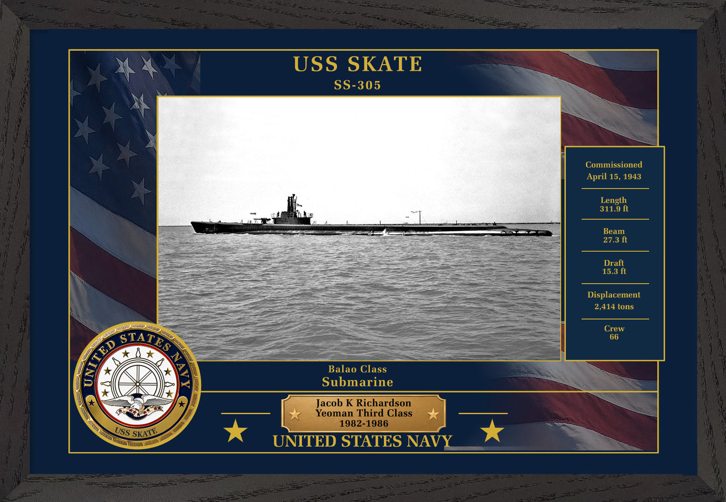 USS Skate SS-305 Framed Patriotic Photo