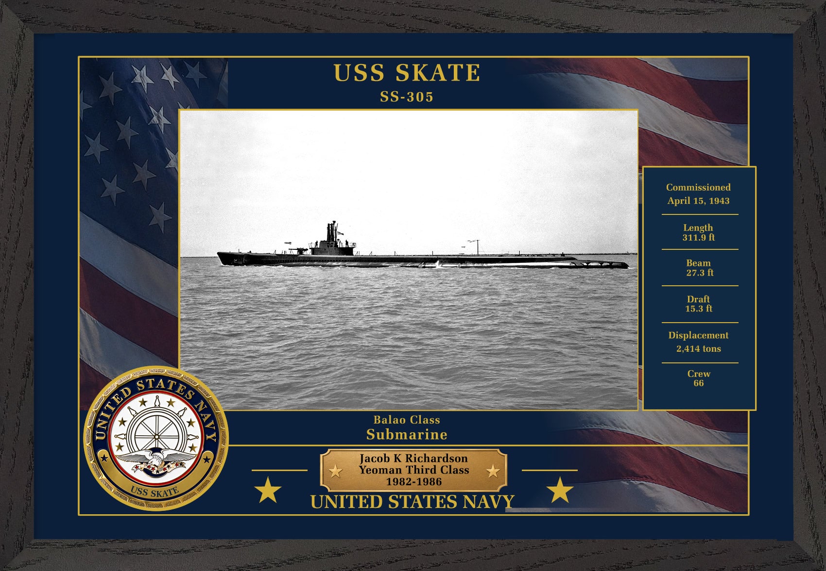 USS Skate SS-305 Framed Patriotic Photo
