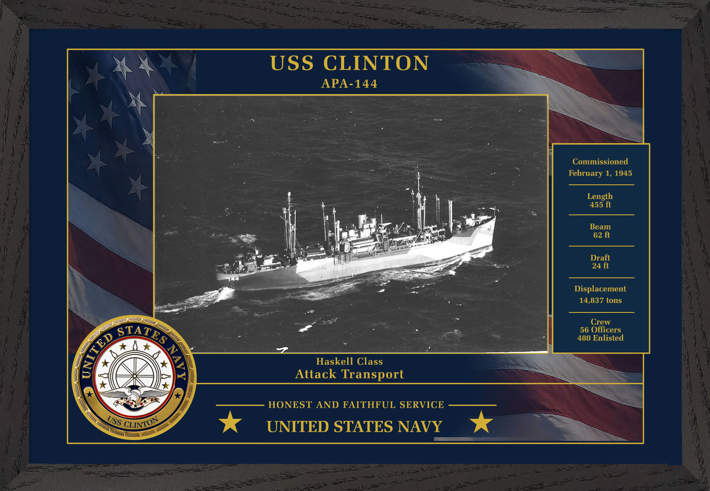 USS Clinton APA-144 Framed Patriotic Photo