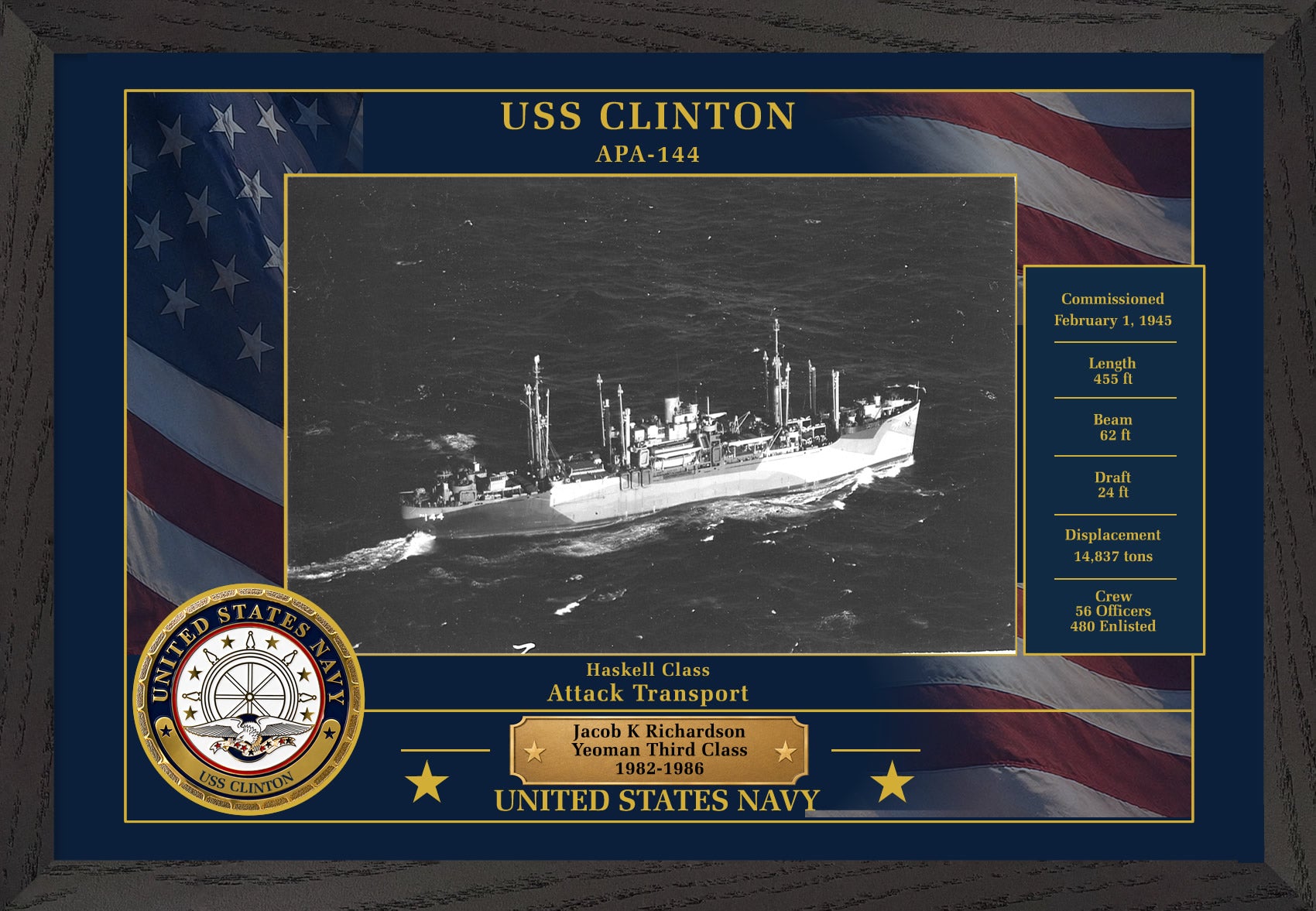 USS Clinton APA-144 Framed Patriotic Photo