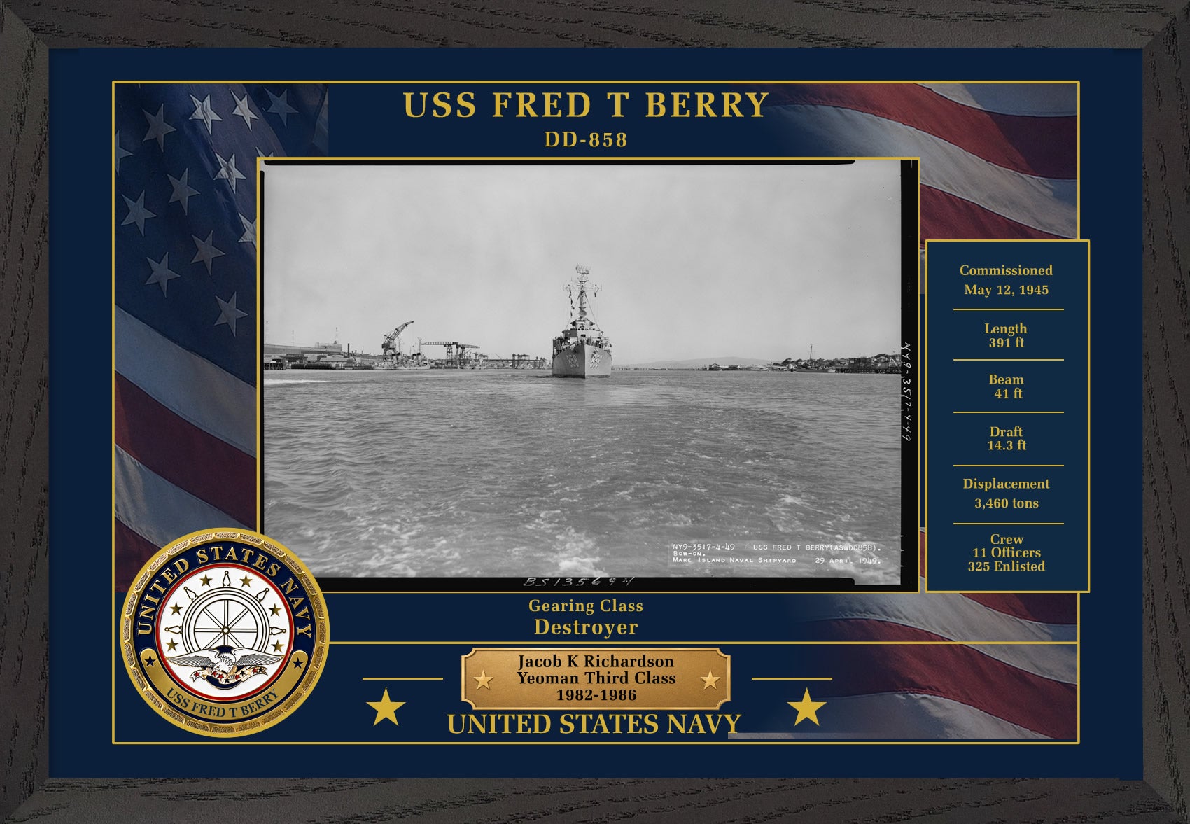 USS Fred T Berry DD-858 Framed Patriotic Photo